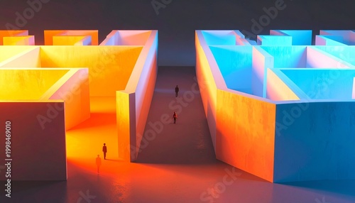 Dual Mazes in Orange and Blue Light – Conceptual Visual for Editorial, Lifestyle, or Branding Themes