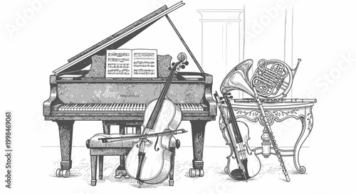 Elegant musical instruments composition featuring piano cello violin and french horn