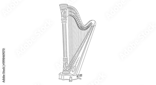 Elegant orchestral harp isolated on white background for musical concepts