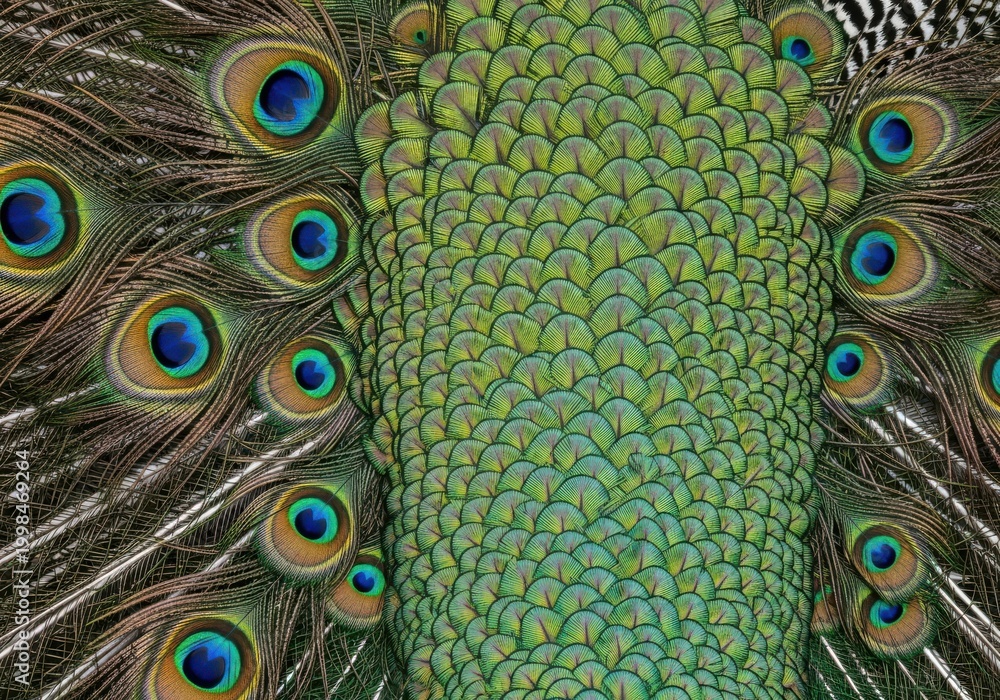 Obraz premium Peacock feathers display a vibrant pattern of iridescent green and blue eyespots.