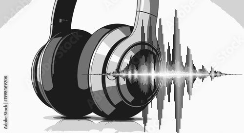 Headphones illustration with audio waveform for music and sound concept