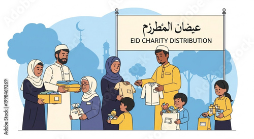Muslim family distributing Eid charity concept of generosity and community support flat vector illustration for social causes