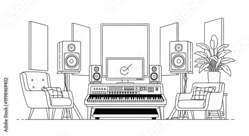 Modern recording studio illustration with keyboard speakers and decorative elements