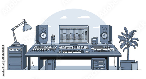 Modern recording studio illustration with equipment and audio mixing desk
