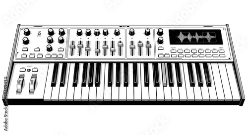 Monochrome synthesizer illustration musical instrument electronic keyboard graphic