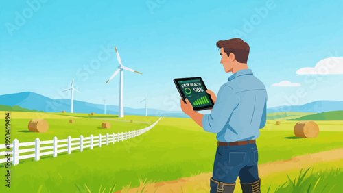 Farmer with tablet in field near windmills