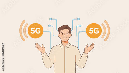 Man with 5G wireless signals
