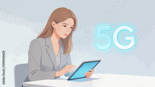 Woman using tablet with 5G sign