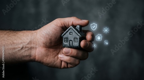 A hand holding a small house with security icons floating above it