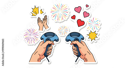 Hands holding video game controllers with colorful stickers