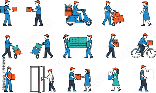 Courier and Delivery Worker Vector Set with People Carrying Boxes, Packages, Food, Furniture, and Parcel Transport in Different Actions