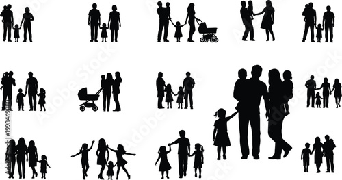 Family silhouettes illustration, parents and children artwork, walking family vector, togetherness design, caring family drawing, parenting concept illustration, family group graphics