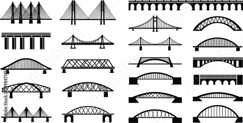 Huge collection of bridge silhouettes and icons featuring suspension arch and cable stayed structures for urban architecture design transportation infrastructure and city engineering illustrations,