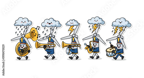 Cartoon musicians playing in bad weather conditions