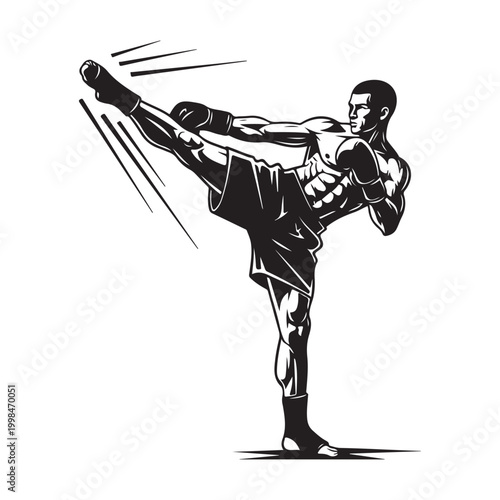 Muay Thai fighter performing a powerful high kick vector illustration isolated on white background