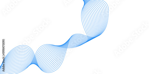 This abstract blue background features an artistic vector illustration of a flowing wave element with light spheres and decorative line patterns for a modern design