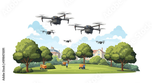 drones flying over park with people and trees