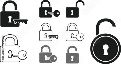 Φωτογραφία Lock and unlock icon collection featuring square and circular padlocks with keys
