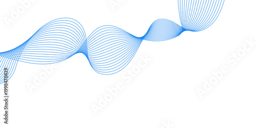 An abstract blue wave background features a dynamic vector design with glowing lines and spiral patterns creating a modern technology concept across a circular sphere backdrop