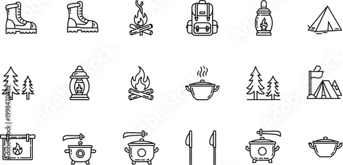 Camping vector line icons set of outdoor activity hiking gear campfire and wilderness adventure items isolated on transparent background.