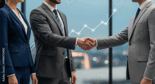 Business professionals shaking hands in office with graph in background for corporate success concepts