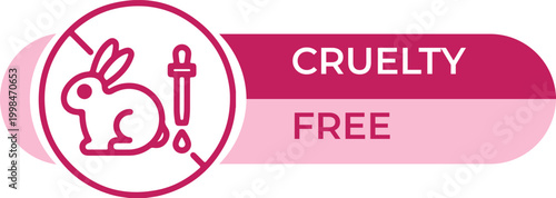 Cruelty free badge with rabbit and pipette icon, pink vegan cosmetic certification label, animal testing free vector sign for beauty packaging