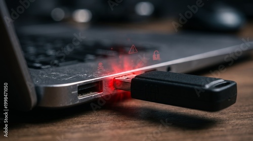 A close-up view of a USB drive being inserted into a laptop with a warning symbol