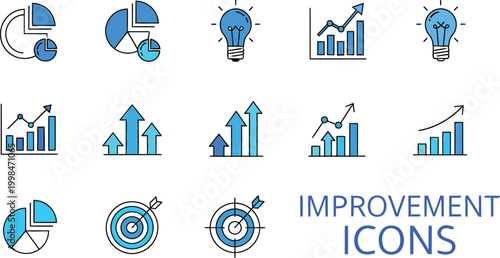 Business improvement icons set with growth charts and analytics symbols including target boards and lightbulbs for strategic planning and data visualization in corporate environments.