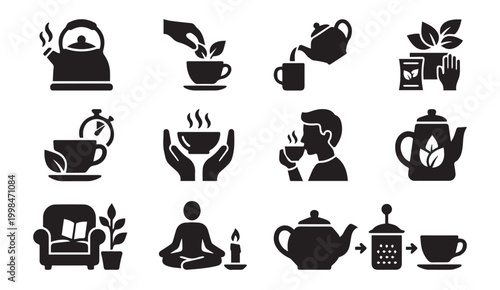 Tea ceremony and tea drinking routine icon set with ceremony, relaxation