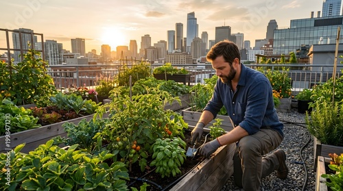 Man tending plants on rooftop garden.