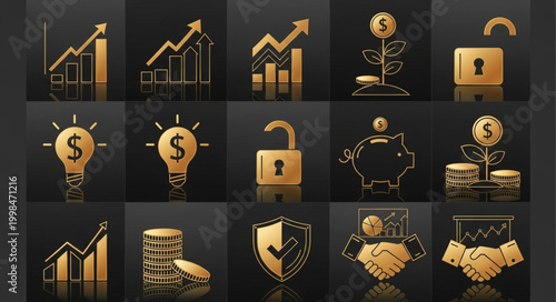 Golden Financial Icons Representing Growth and Security.