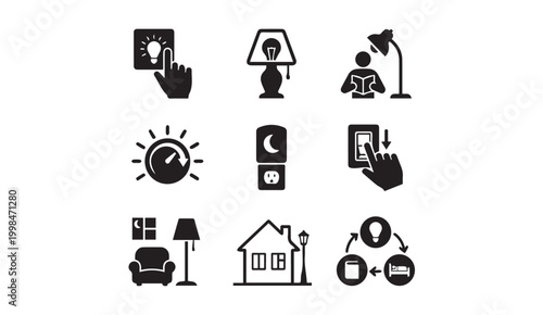 Home lighting and electrical automation icons with smart home, lighting