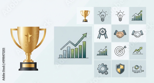 Golden Trophy and Business Growth Icons Representing Success.