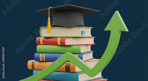 Graduation Cap on Stack of Books with Upward Trend Arrow.