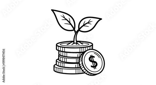 Growing Money Plant on Stack of Coins.