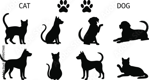Set of cat and dog silhouettes, domestic pets collection including paw prints, animal shapes, kitty and puppy icons isolated on white background vector,
