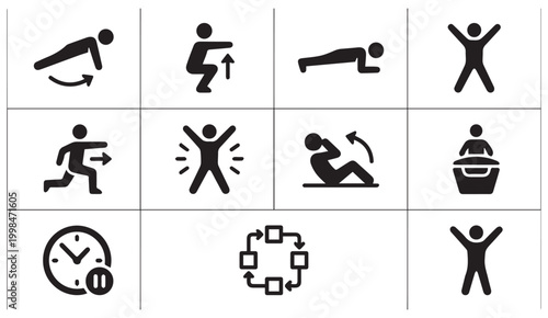 Black and white fitness workout and exercise training vector icons with exercise