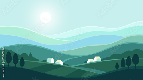 Abstract landscape illustration with rolling hills and sun