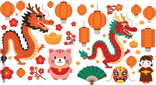 Set of Chinese New Year flat vector icons featuring dragon, lanterns, lucky cat, folding fan, opera mask, and cherry blossoms isolated on white background,