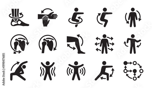 Joint mobility and body warm up exercise pictogram set with exercise, stretching