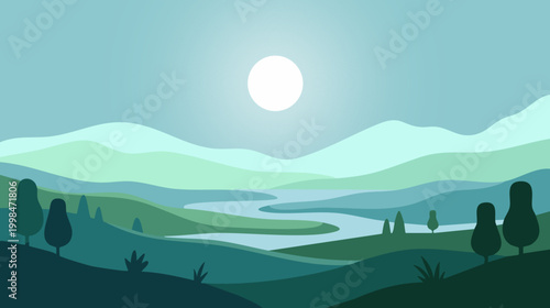 Minimalist landscape illustration with mountains river and sun