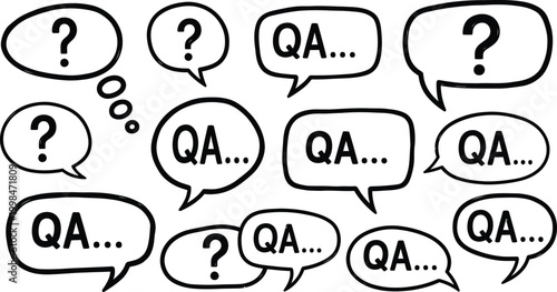 Collection of speech bubbles with question marks and QA text, representing communication, questions, answers, and dialogue, black outlines on checkered background.