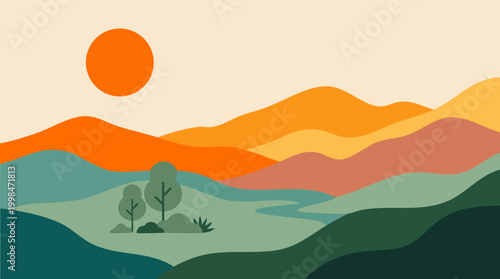 Abstract landscape illustration with sun mountains and trees