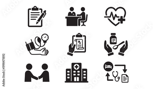 Medical healthcare service icons collection in minimal black design