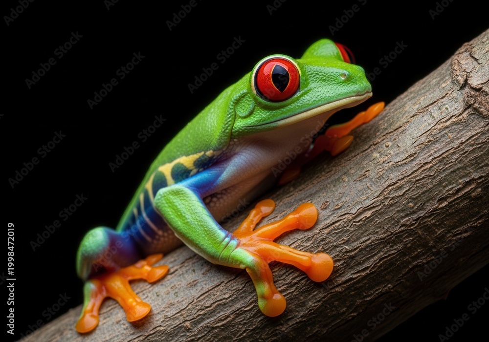 Fototapeta premium Brightly colored red eyed tree frog perches on a textured wooden branch against a dark background.