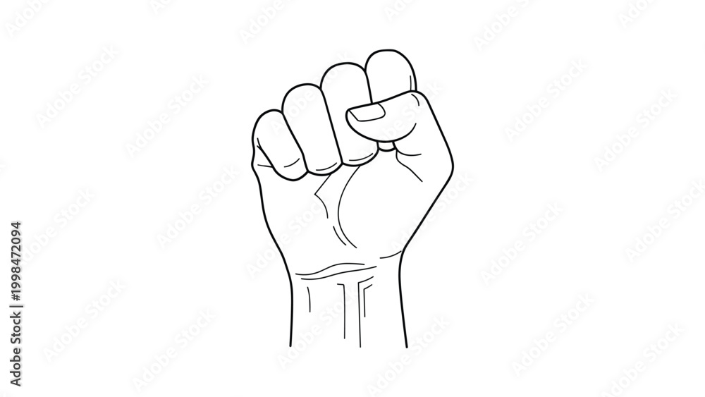 Fototapeta premium Human hand clenched into a tight fist representing strength power and determination in a simple black line drawing.