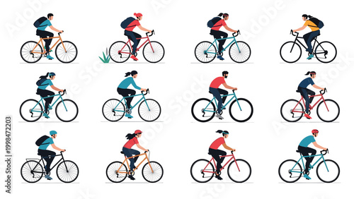 Large set of twelve diverse people of different ages and genders riding various types of bicycles on a white background.