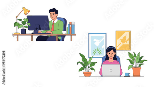 Freelance male and female professionals working remotely from their decorated home offices with computers and indoor plants.