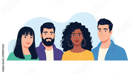 Group of four diverse young adults representing different ethnicities and styles standing together against a blue abstract background.