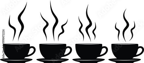 Hot drink coffee or tea cups set with steam, black silhouette icons of mugs with rising vapor on transparent background.